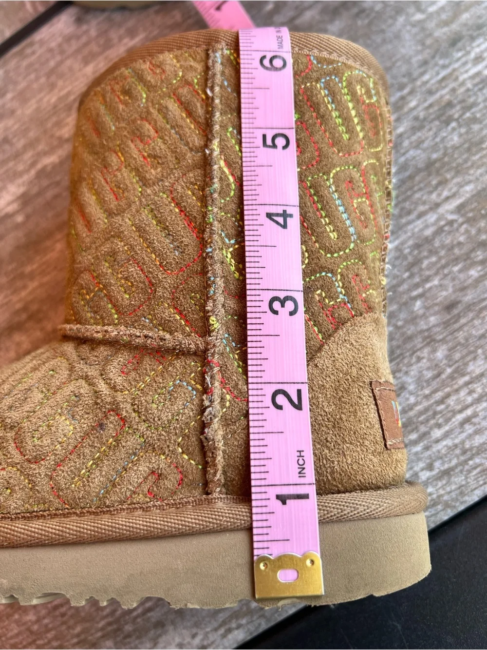 UGG Kids Classic Boots | Rainbow Embroidered | Chestnut Suede | Size 10T